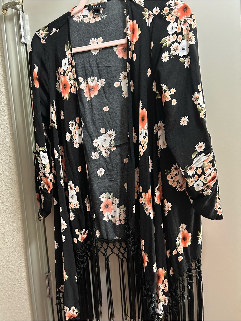 torrid Black Floral Fringe Kimono